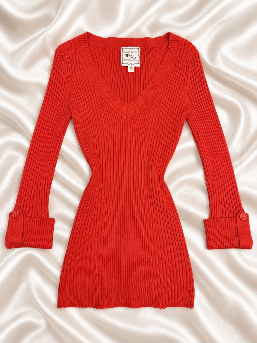 Pink Rose Women’s M Red Orange Ribbed V-Neck Long Sleeve Sweater
